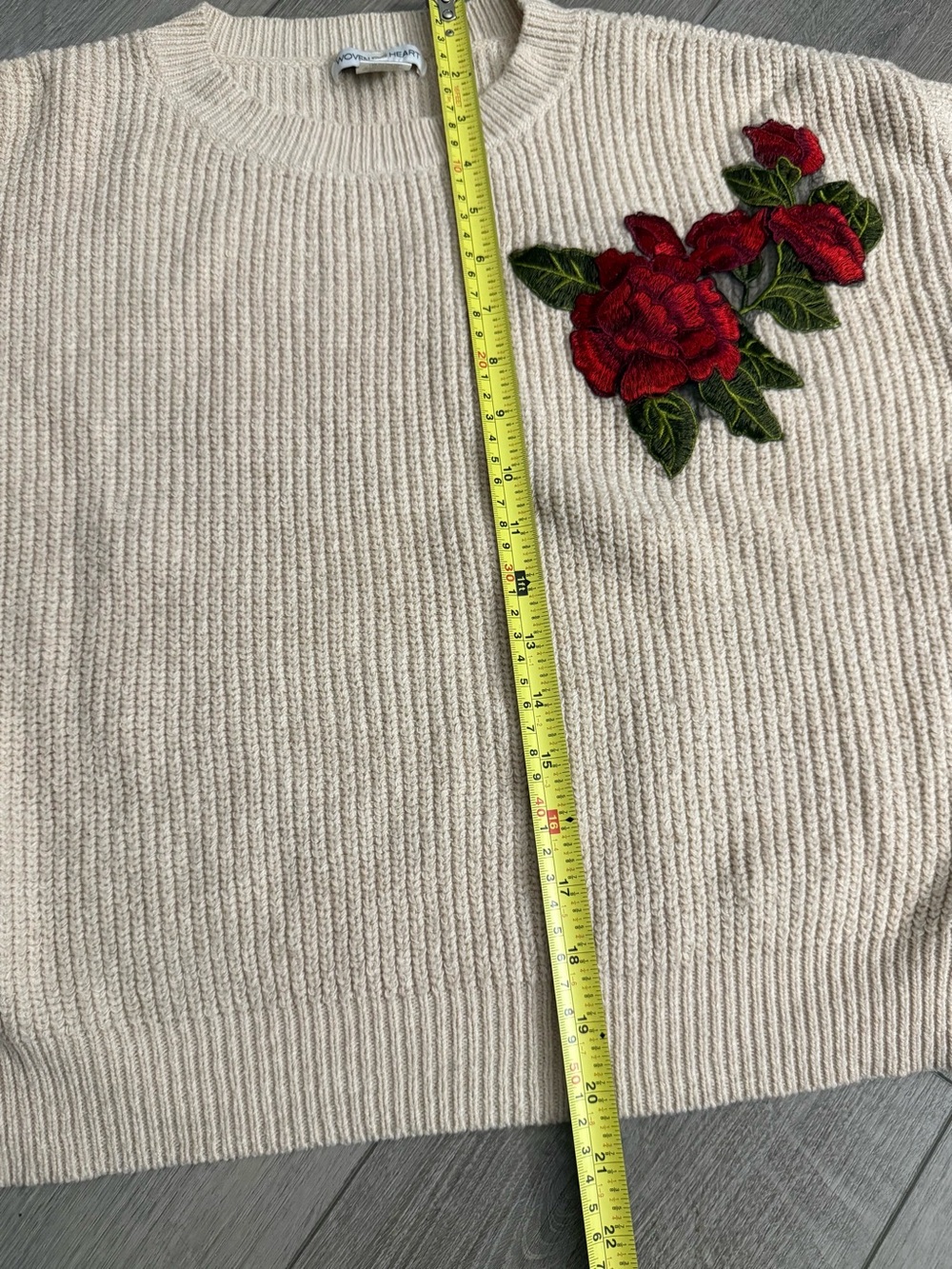 Woven Heart Cream Crewneck Sweater with Red Rose Embroidery - Picture 6 of 7